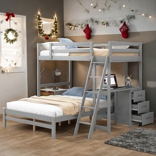 Timeless Style Twin over Full Bunk Bed with Built-in Desk and Three Drawers, Large Storage Space, Space-saving