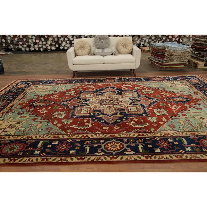 Hand Knotted Oriental 100% Wool Carpet Traditional Medallion Oranges & Rust Heriz (serapi) Area Rug - 13' 8'' X 9' 9''