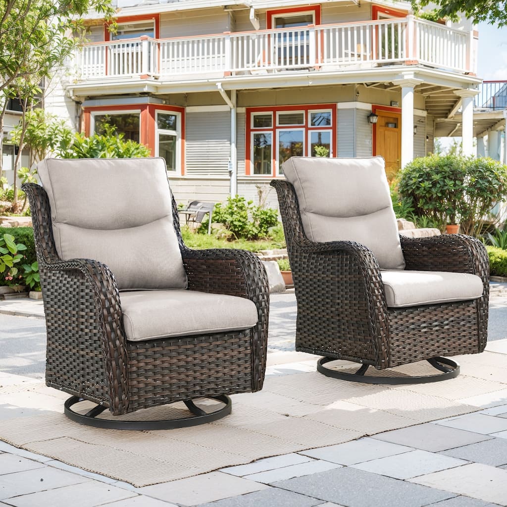 Swivel Patio Wicker Chairs Set of 2- Beige cushion - Brown