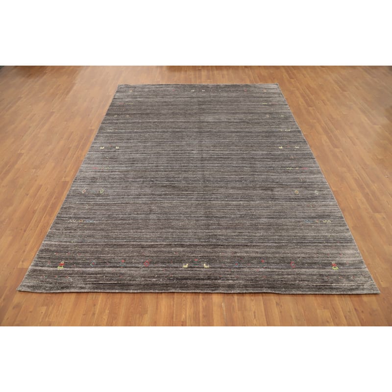 Hand Knotted Oriental Viscose Silk Carpet Tribal Animal Pictorial Greys & Charcoal Gabbeh Area Rug - 11' 7'' X 8' 0''