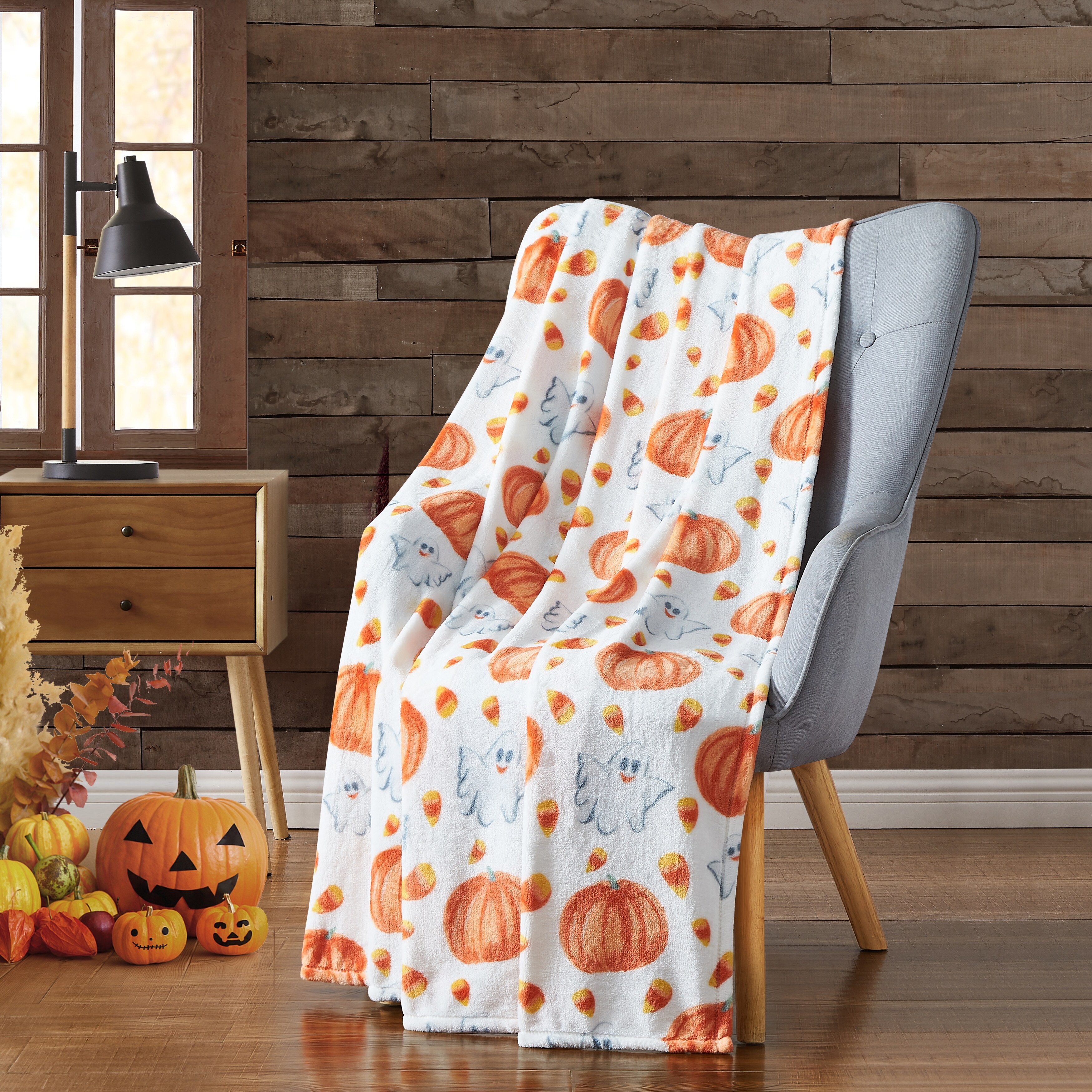 Harvest Plush Flannel Throws Pumpkins Ghosts Witches Bats 50