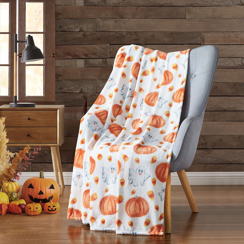 Harvest Plush Flannel Throws Pumpkins Ghosts Witches & Bats 50" x 70"