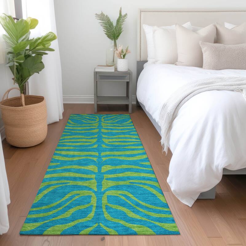 Machine Washable Indoor/ Outdoor Modern Animal Print Chantille Rug - Teal - 2'3" x 7'6"