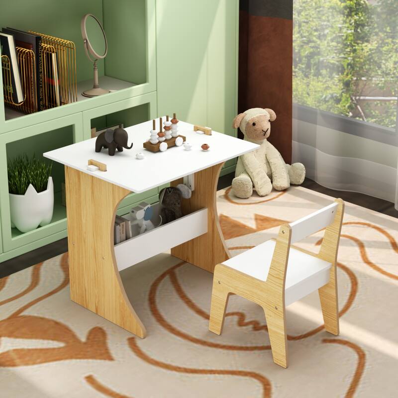 Kids Table Set (1 Chair), Multifunctional Solid Wood Desk - Convertible Top for Learn/Draw/Play, Natural Wood - 22*23*19
