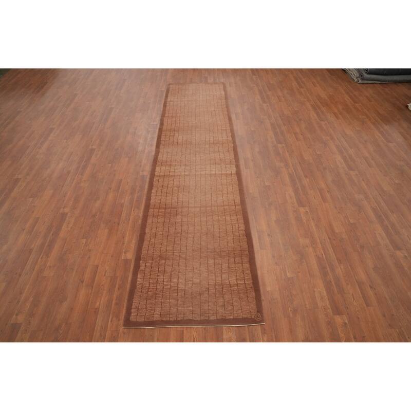 Hand Knotted Oriental 100% Wool Carpet Modern Stripe Brown Nepalese Runner Rug - 12' 3'' X 3' 0''
