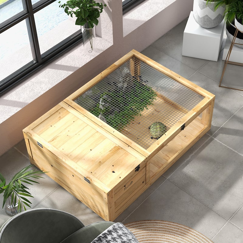 PawHut Wooden Tortoise House Indoor Turtle Habitat Enclosure Outdoor Reptile Cage for Lizards, Geckos, Yellow