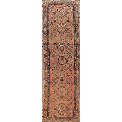 Geometric Hamedan Persian Runner Rug Orange Hand-Knotted Wool Carpet - 3'4"x 13'6"