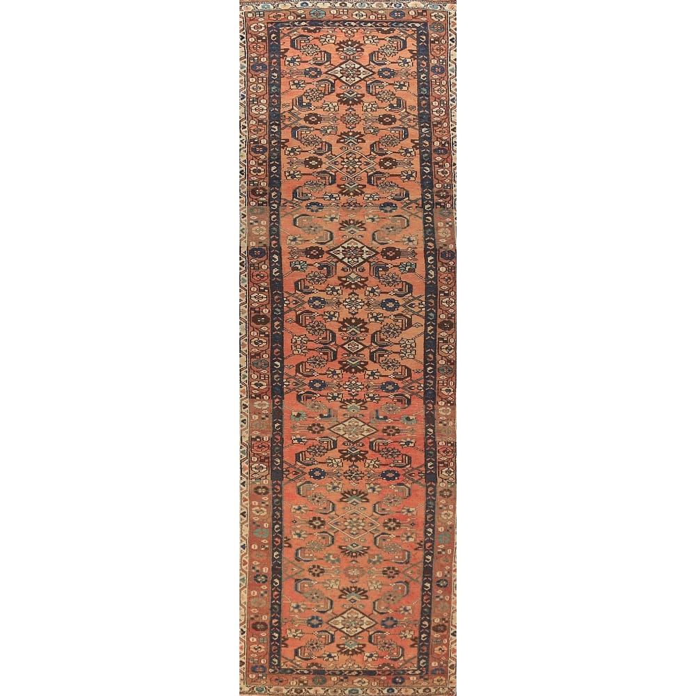 Geometric Hamedan Persian Runner Rug Orange Hand-Knotted Wool Carpet - 3'4"x 13'6"