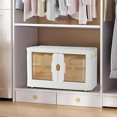 Stackable Plastic Storage Bins with Lids, Foldable with Doors and Wheels, Closet Organizer Boxes for Living Room, Bedroom