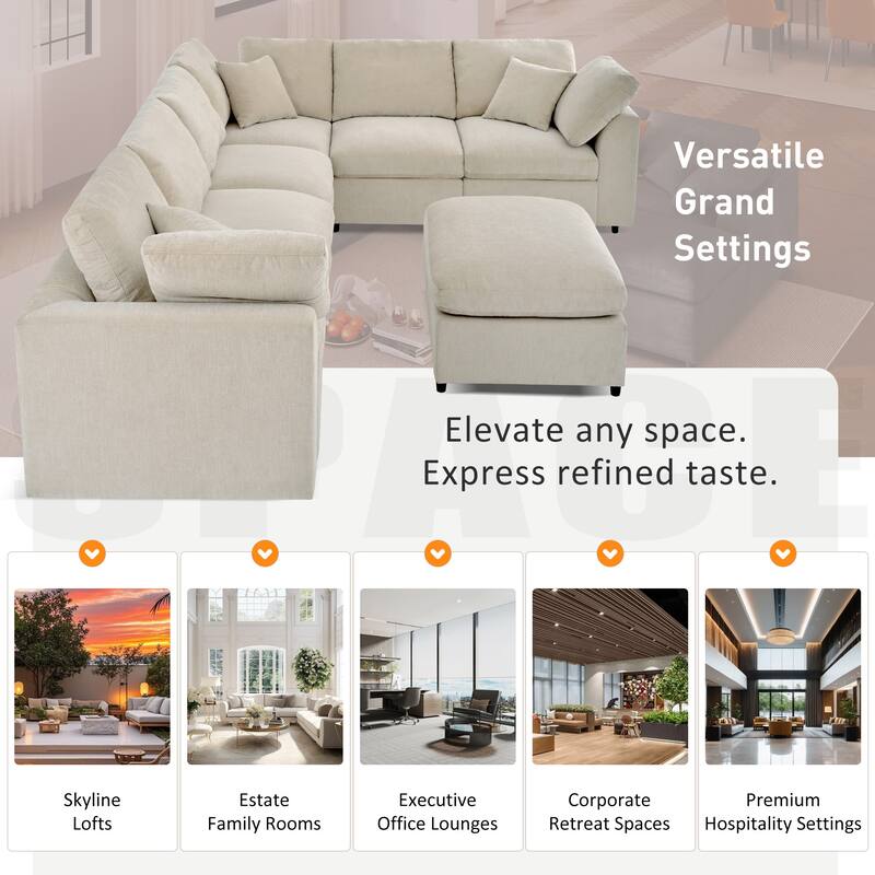 7-Seater Modular Sectional Sofa with Movable Ottoman, Extra Large L-Shaped Chenille Fabric Sofa for Spacious Living Room
