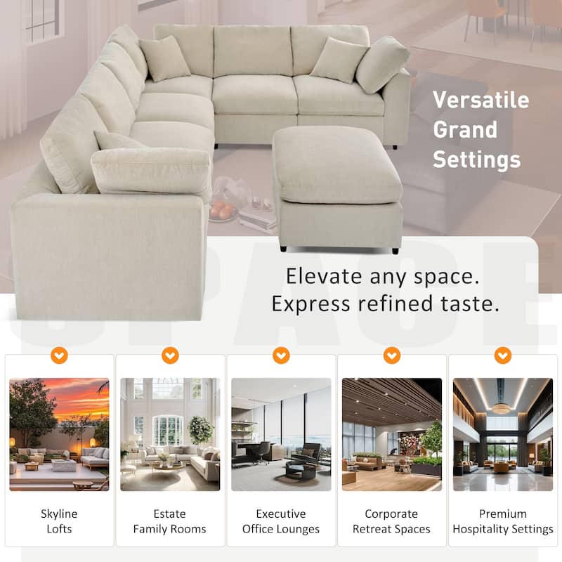 Roomfitters 7-Seater Modular Sectional Sofa with Ottoman, Extra Large L-Shape Chenille Upholstered Couch