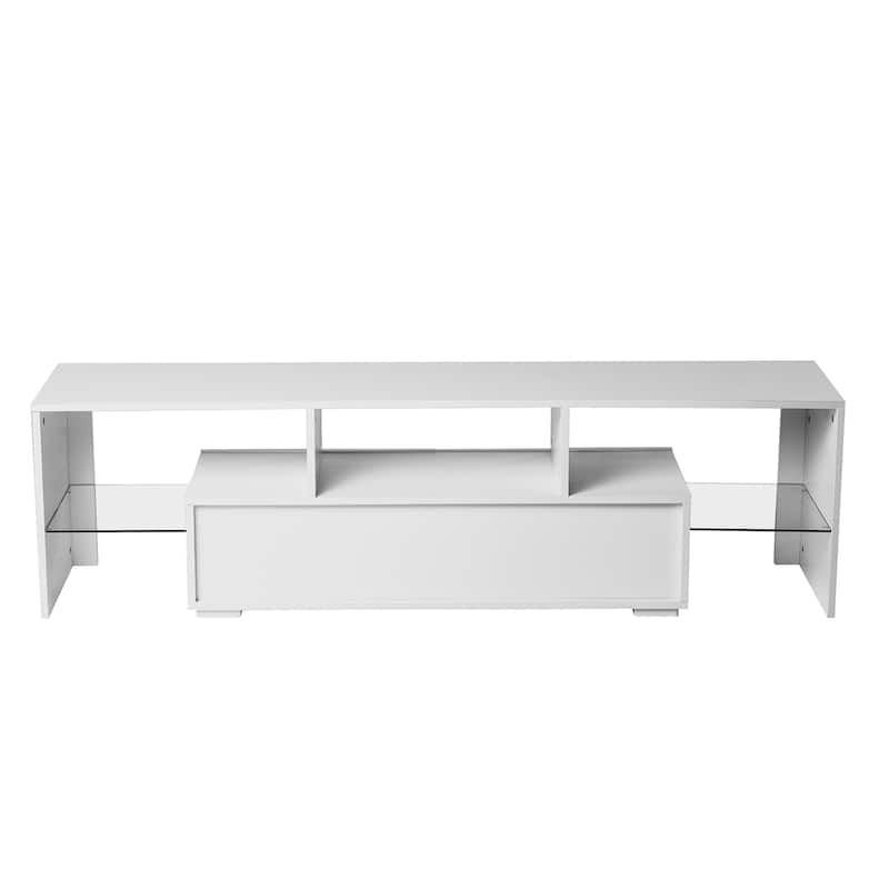 GDF Studio - Modern White Particle Board TV Stand with LED Lights and Toughened Glass Shelf