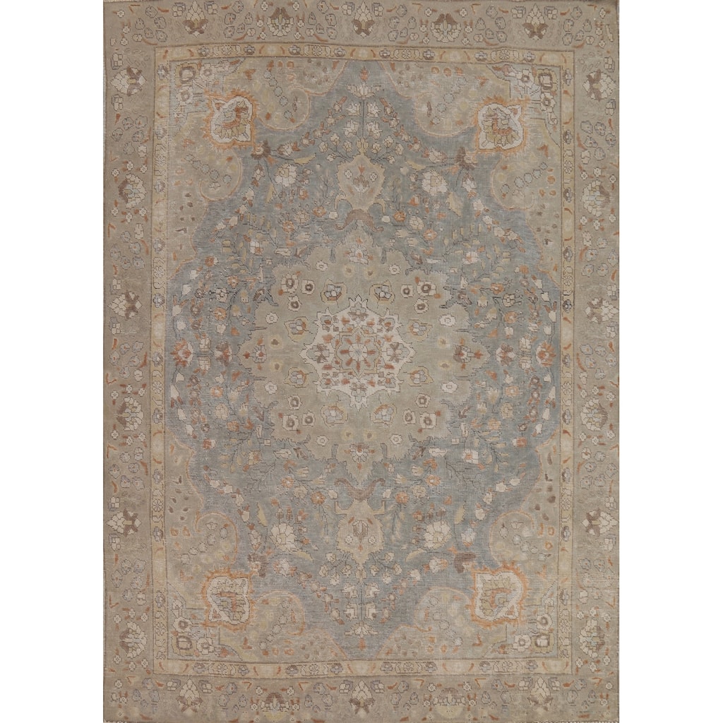 Gray Floral Tabriz Persian Vintage Area Rug Handmade Wool Carpet - 6'5" x 8'10"