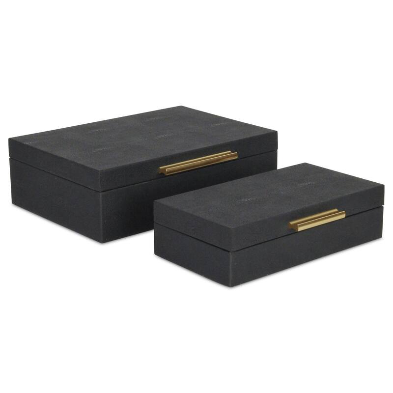 Set of 2 Black Rectangular Faux Shagreen Decorative Box with Handles 11.75"