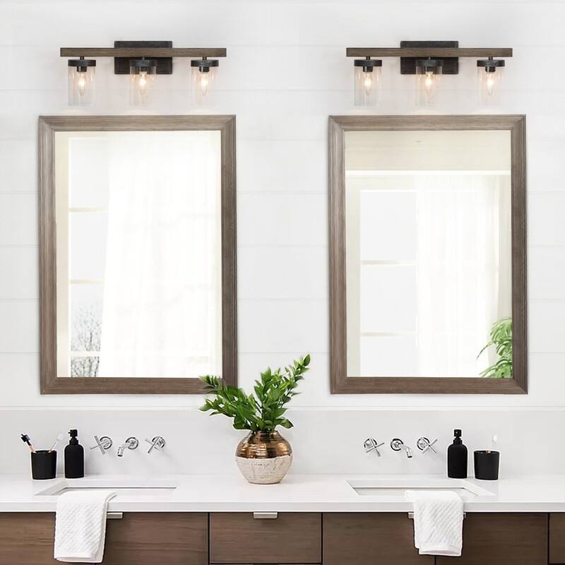 Fora Modern Farmhouse Glass 3-Light Bathroom Vanity Light Wood Grain Wall Sconce - Grey - L21.7'' * W5.5'' * H8.5''