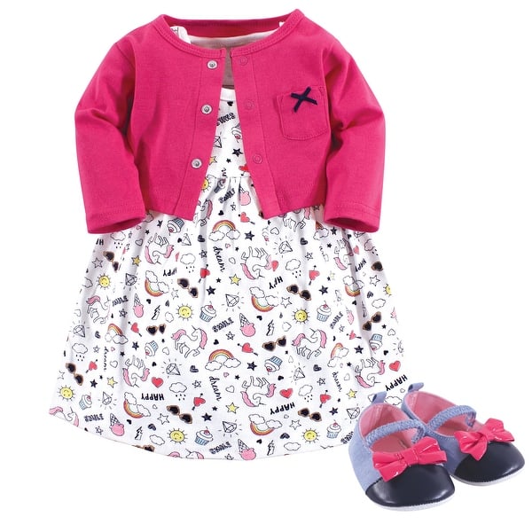 slide 1 of 1, Little Treasure Baby Girl Cotton Dress, Cardigan and Shoe 3pc Set, Happy Rainbow 0-3 Months - Happy Rainbow