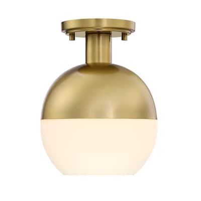Linden 8 in. 1-Light Brushed Gold Mid-Century Modern Semi Flush Mount with Etched Opal Glass Shade for Bedrooms - 10.5