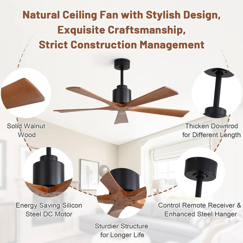 Sofucor 52Inch Solid wood Ceiling Fans with Remote,without Light 5 Blades DC Motor Mid Century Modern - 52 Inches