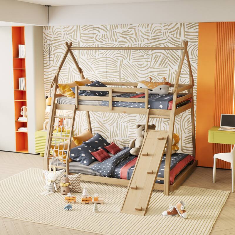 Twin over Queen Bunk Bed with Climbing Ramp - Natural