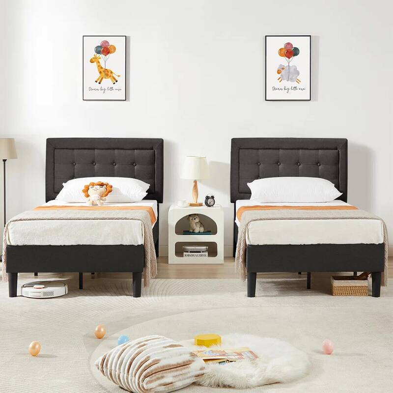 VECELO Tufted Upholstered Kids Bed with Adjustable Headboard,Twin Size Bed Set of 2 - Grey