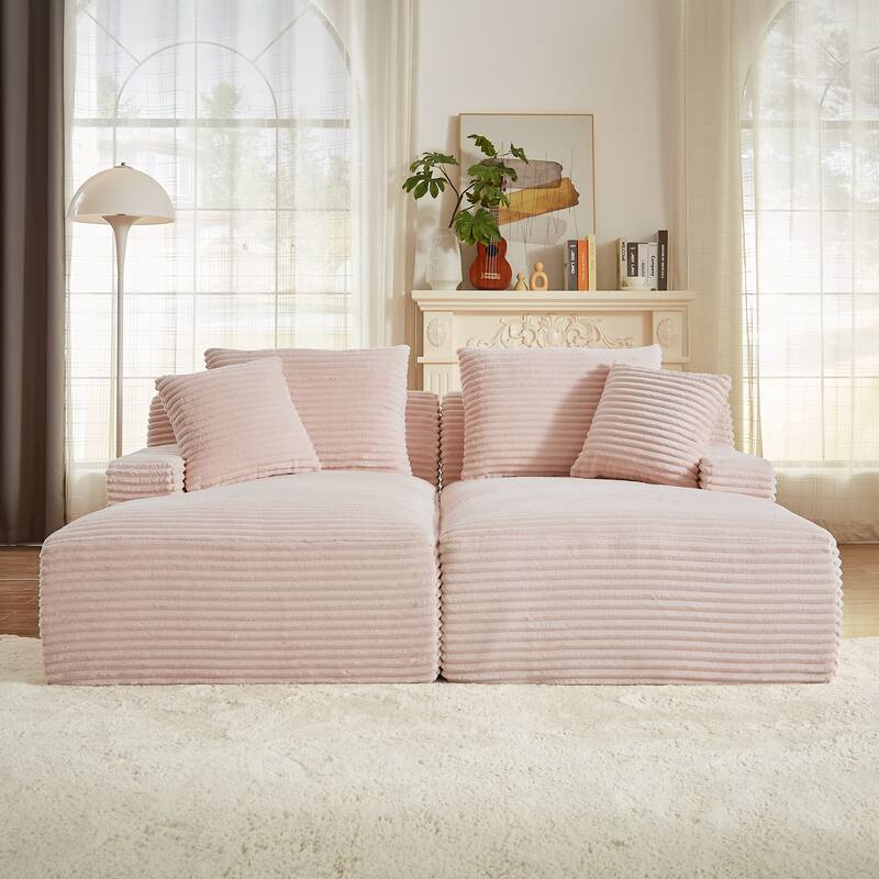 Modern Sleeper Loveseat Sectional Sofa Corduroy Double Chaise Lounge - Pink