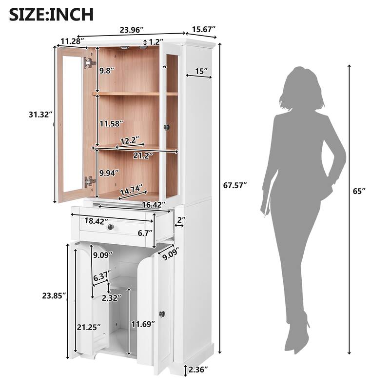 67.2" Tall Bathroom Storage Cabinet With Tempered Glass Doors, Adjustable Shelves & Drawer,Soft-Close Design