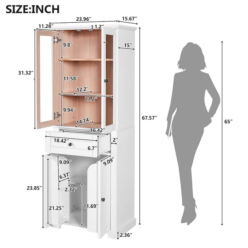GDFStudio - Mary 63" Tall Bathroom Storage Cabinet with Glass Doors, Two Drawers, and Adjustable Shelves