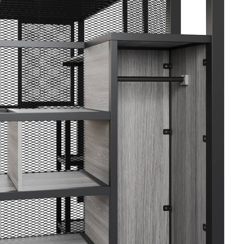Black Full Size Metal Loft Bed with Wardrobe, Desk and Storage Shelves for Bedroom