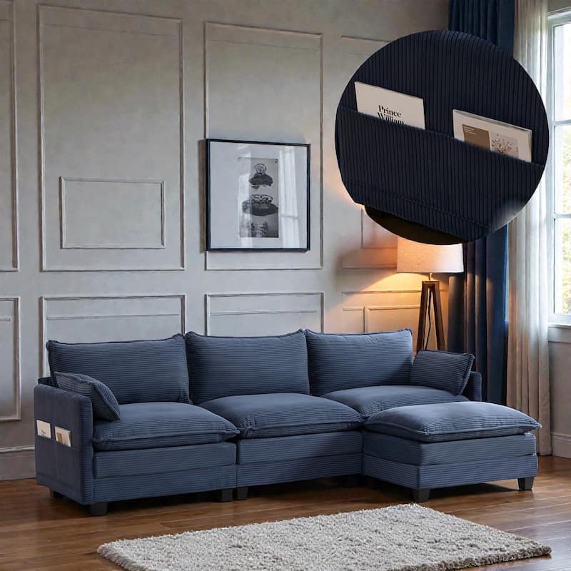 Oversized Modular Sectional Sofa with Ottoman, 102 Inch 4 Seat Corduroy L Shaped Couch for Living Room