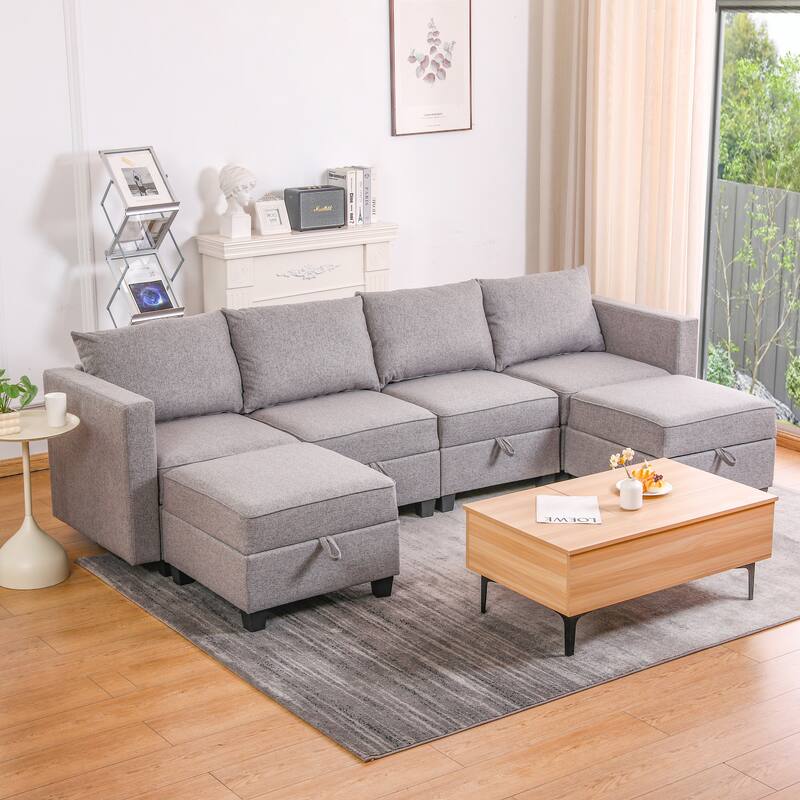 110.3" Burlap U-Shaped Modular Sectional Sofa with Sleeper & Storage - Dawn Grey