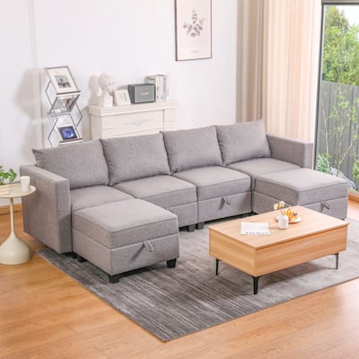 110.3" Burlap U-Shaped Modular Sectional Sofa with Sleeper & Storage