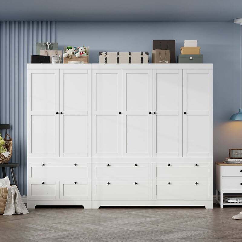 Gyomojoy Large White Wardrobe Closet with Drawers & Doors, Modular Armoire with Hanging Rods, Apartment & Dorm Storage