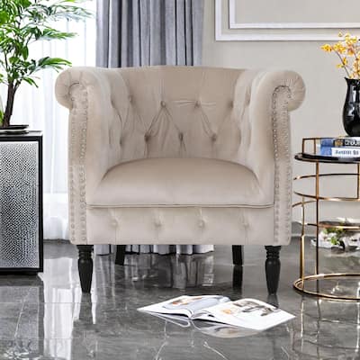 Velvet Club Chair with Button-Tufted Diamond Stitching, Rolled Armrests, and Birch Wood Legs