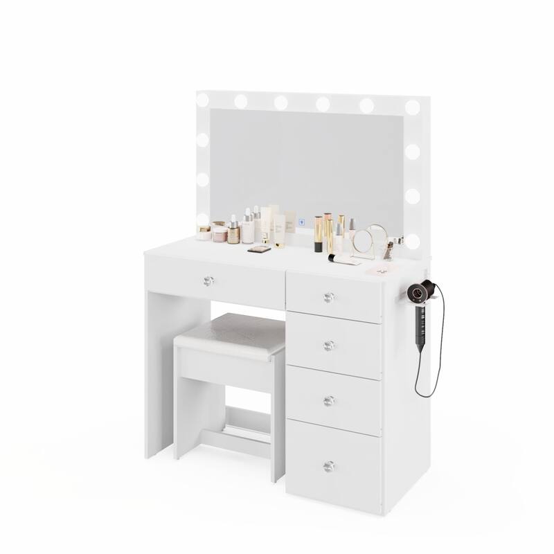 Boahaus White Makeup Vanity Desk with 13 Light Bulbs, Glass Top, USB-A & USB-C, 5 Drawers, Hair Dryer Holder, and Stool