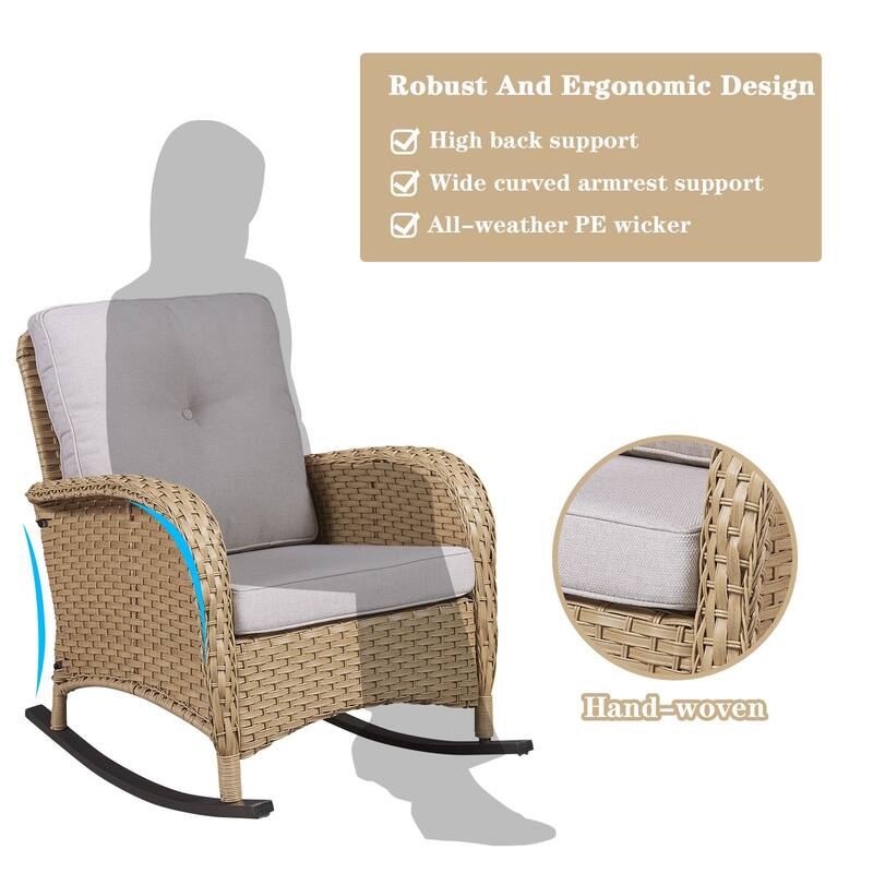 PlainCurve 3-Piece Wicker Outdoor Patio Conversation Set with Rocking Chairs and Olefin Cushions