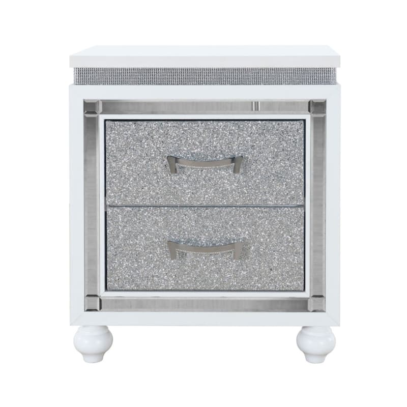 22" Tall Modern White Wood Nightstand with Drawers and Silver Accents, Square Bedside Table for Bedroom
