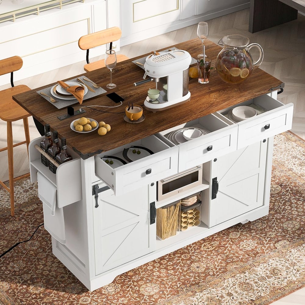 53.5'' Farmhouse Kitchen Island with Power Outlet, Drop Leaf, Spice Rack, Drawer, and Wheels