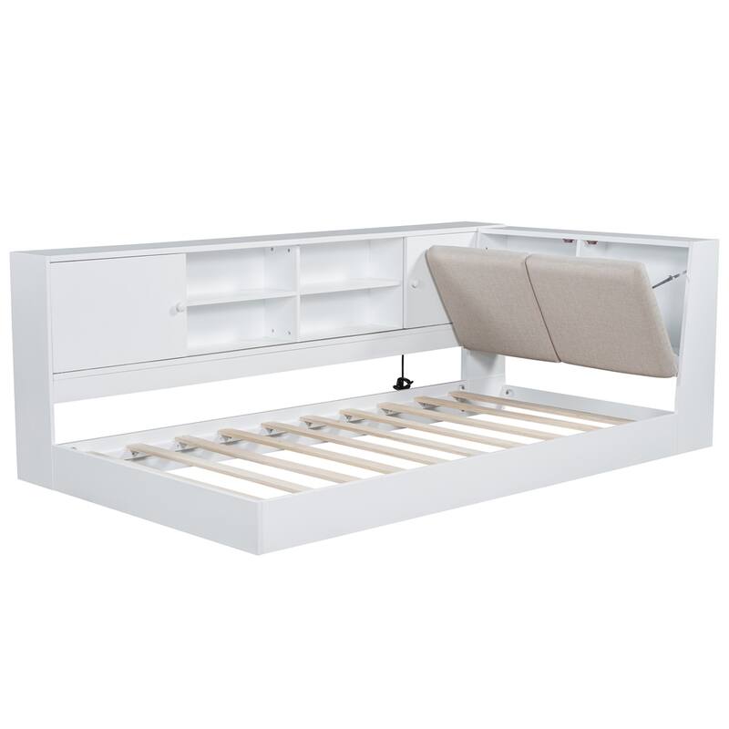 Wooden Twin Size L-shaped Daybed with Storage Bookcase