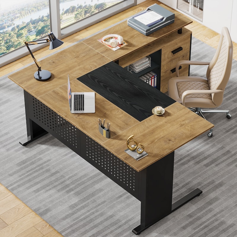 63 Inch Executive Desk with File Cabinet, Large Office Desk L Shaped Computer Desk
