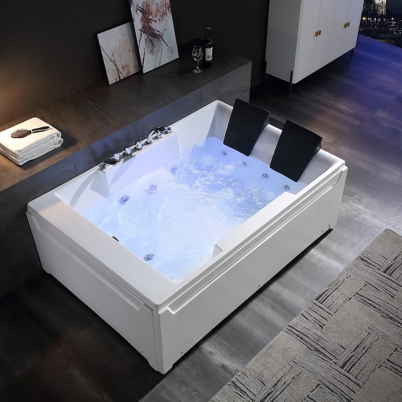 72" X 48" Acrylic Rectangle Whirlpool Bathtub - 10 Water Jets - Led Lights - Left Side Drain - 3-Side Alcove Install
