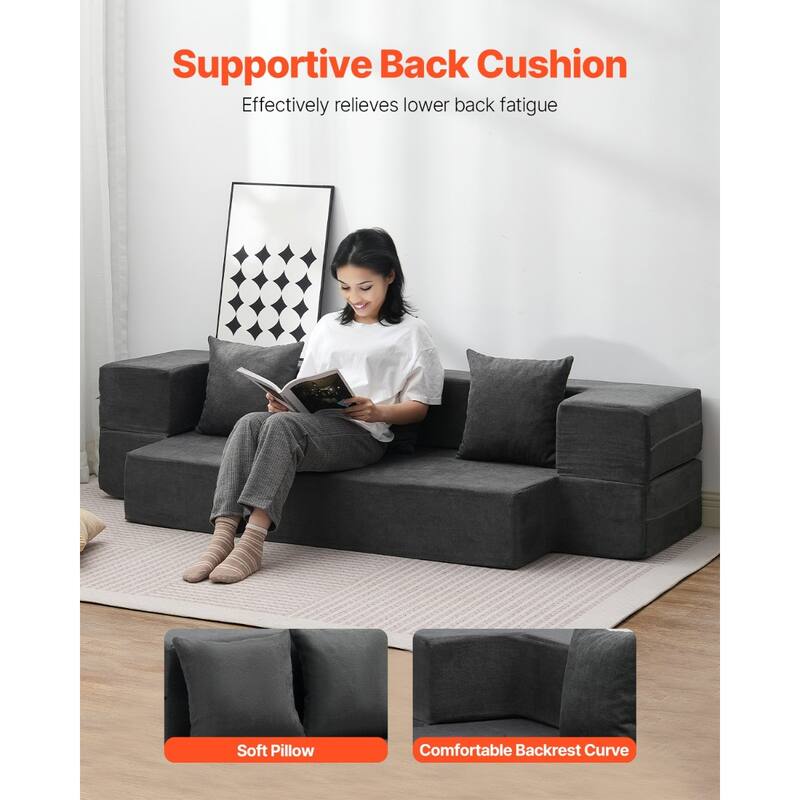 Dark Grey Twin Foam Fabric Foldable Sofa Bed with Pillows and Backrest - 40.55” L x 75.98” W x 8.86” H