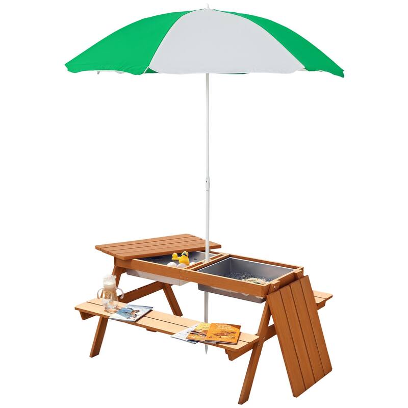 Outsunny Kids Picnic Table with Umbrella and Storage Inside, Sand and Water Table, Kids Outdoor Furniture - 36.5" x 33.5" x 19"