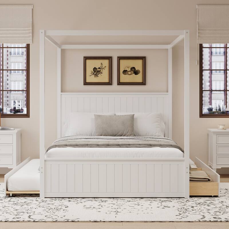 Modern Canopy Platform Bed with Trundle and Three Storage Drawers,4-Post Solid Wood Bed Frame with Headboard