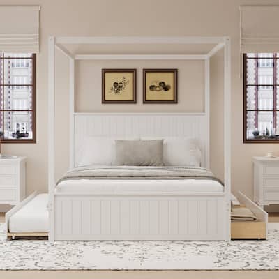 Modern Canopy Platform Bed with Trundle and Three Storage Drawers,4-Post Solid Wood Bed Frame with Headboard