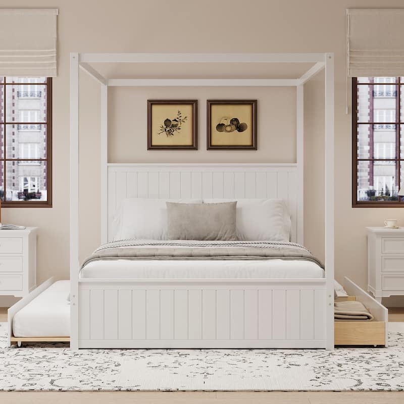 Queen Size Platform Canopy Bed with Trundle Bed and 3 Drawers Storage Bed, 4-post Solid Wood Bed Frame with Wingback Headboard