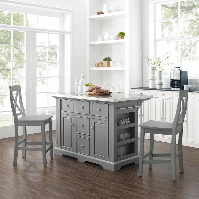 Kitchen Island with Stools - Stainless Steel Top, Storage, Dining Cart - 60x50x41 Inch