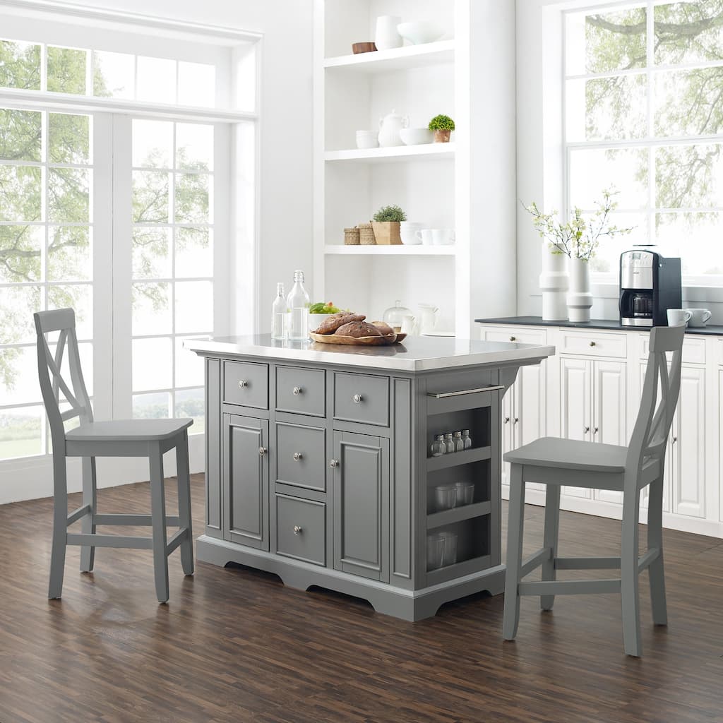 Kitchen Island with Stools - Stainless Steel Top, Storage, Dining Cart - 60x50x41 Inch