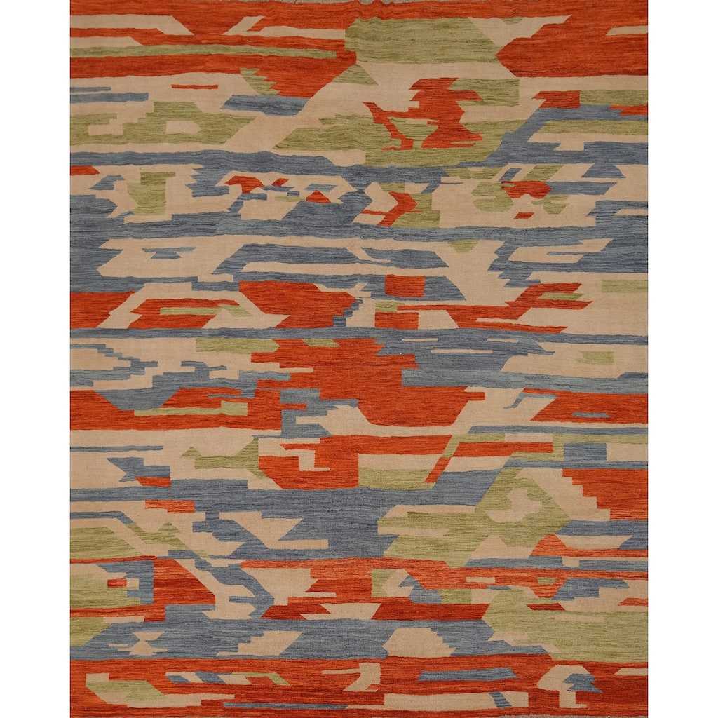 Hand Woven Oriental 100% Wool Carpet Southwestern Modern Oranges & Rust Kilim Area Rug - 9' 10'' X 8' 10''