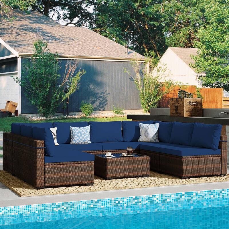 Patio Watcher Outdoor 8 Seater Rattan Sectional Set with Cusions and Coffe Table - Navy Blue