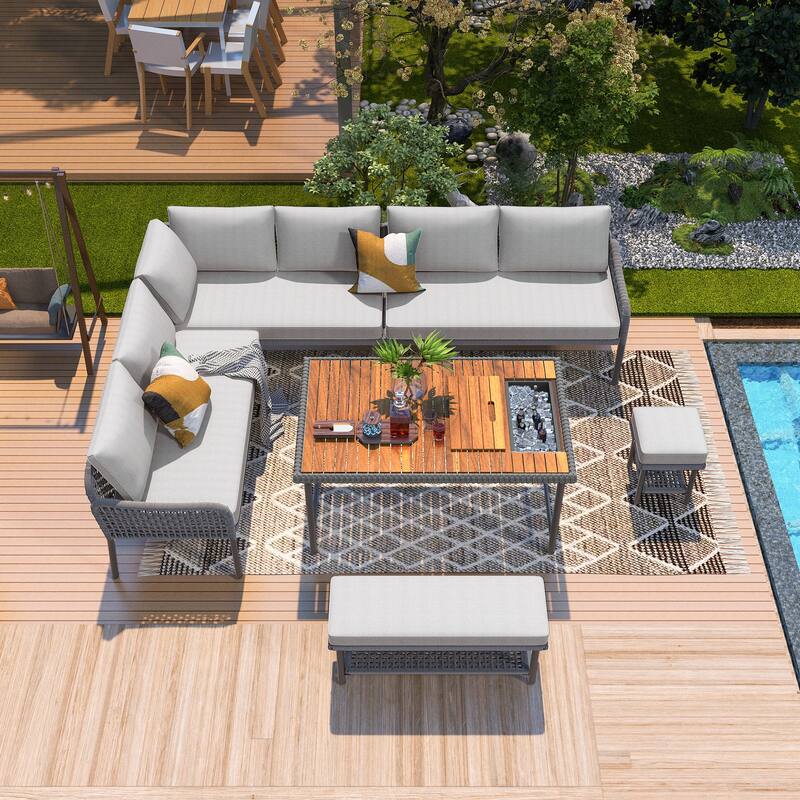 Outdoor 6-Piece Rope L-Shaped Sectional Sofa Set with Acacia Table & Ice Box